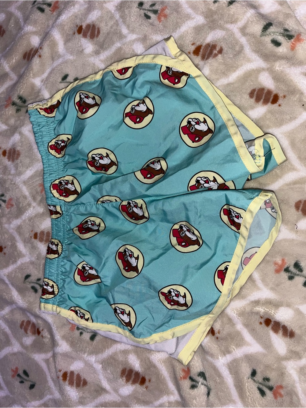 Kids Aqua Blue Character-Print Athletic Shorts with Yellow Trim